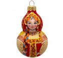 Ёлочная игрушка "Девочка в русском сарафане" (Винтажный шар) с голубой лентой