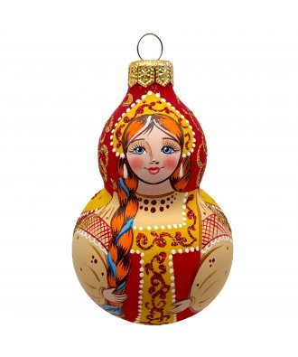 Ёлочная игрушка "Девочка в русском сарафане" (Винтажный шар) с голубой лентой