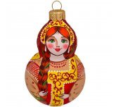 Ёлочная игрушка "Девочка в русском сарафане" (Винтажный шар) с зелёной лентой