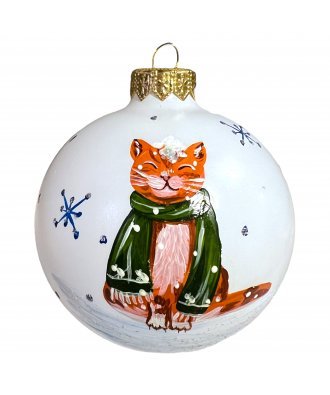 Ёлочный  шар 80 мм "Рыжий кот. Снежинки синие" (Эвис) 