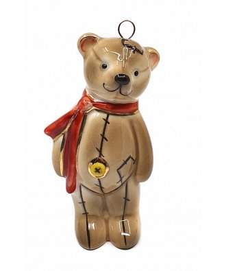 Ёлочная игрушка "Мишка плюшевый" коричневый с красным шарфом (Фарфоровая мануфактура СПб)