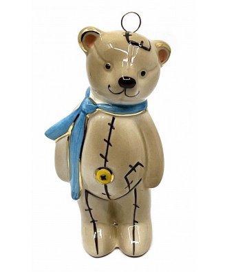 Ёлочная игрушка "Мишка лпюшевый" коричневый с голубым шарфом (Фарфоровая мануфактура СПб)