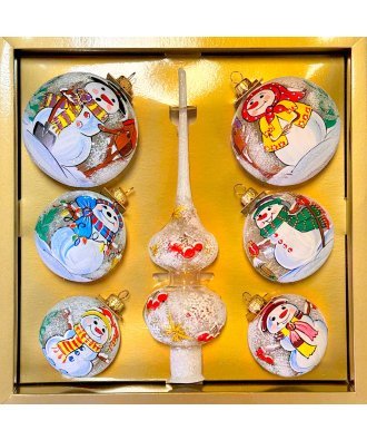 набор ёлочных шаров с верхушкой "Снеговички в лесу" (Иней)