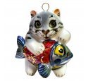 Ёлочная игрушка "Котик с рыбой" серый (Фарфоровая мануфактура СПб)