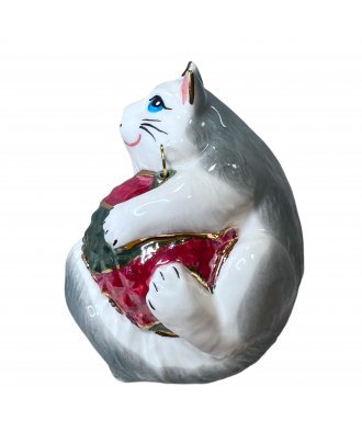 Ёлочная игрушка "Серый котик с шариком" (Фарфоровая мануфактура СПб)