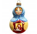 Ёлочная игрушка "Девочка с иконой" (Винтажный шар) платок с белым узором