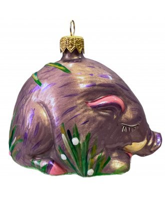 Ёлочная игрушка "Кабан спящий в траве" розовый (Гласс Алмаз)