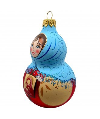 Ёлочная игрушка "Девочка с иконой" (Винтажный шар) платок с синим кантом